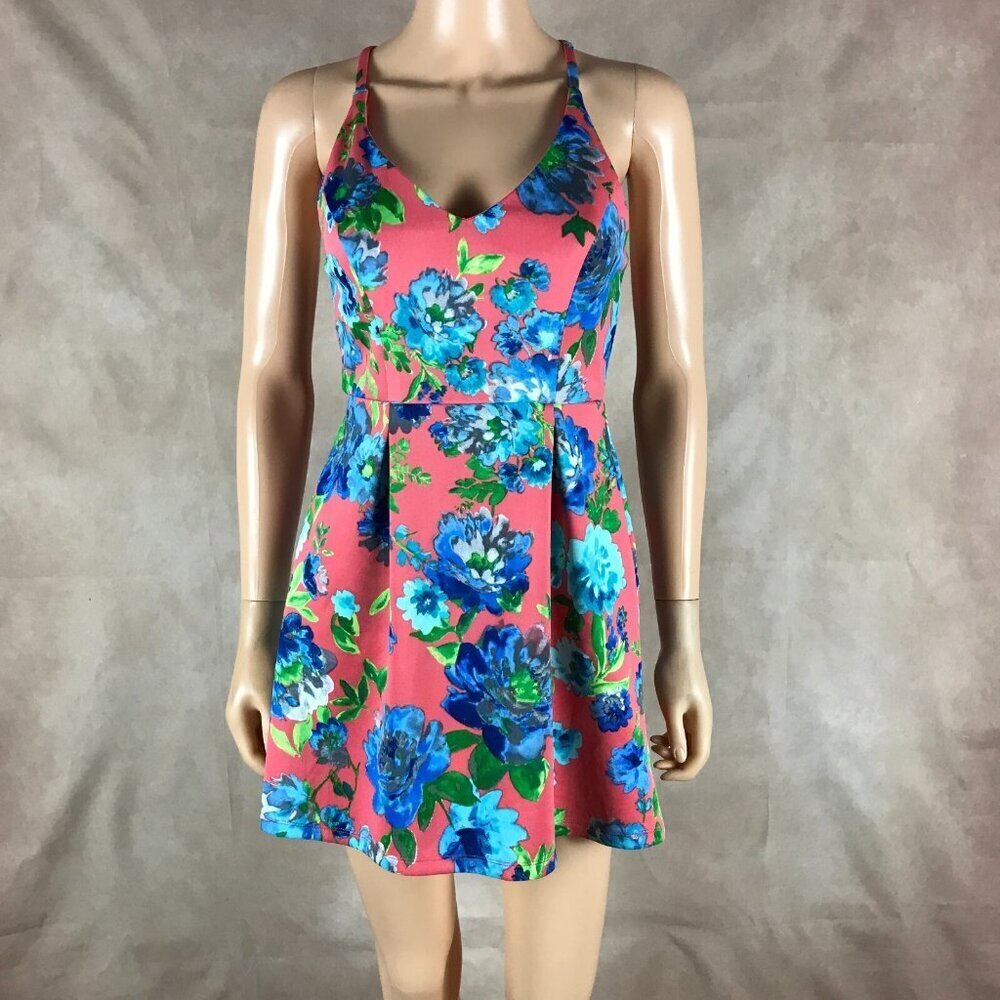 Crystal Doll Juniors Pink Blue Floral Scuba Mini Dress NEW Size 1